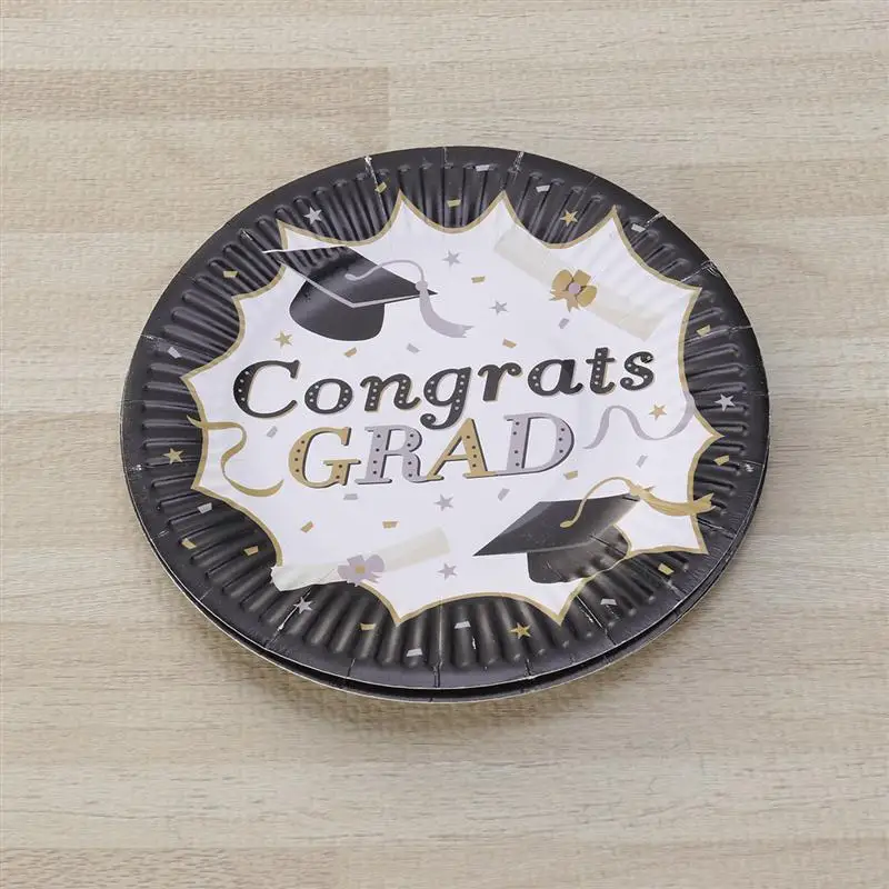 10 шт бумажных тарелок Congrats Grad одноразовые круглые черные и золотые столовые