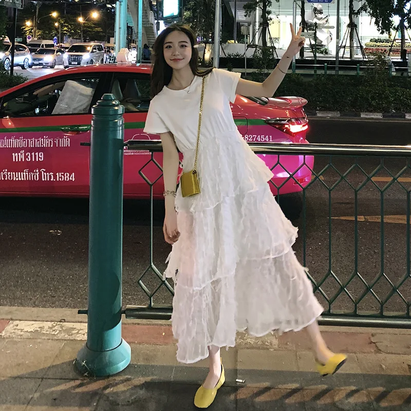LANMREM 2020 New Fashion Short Sleeve Patchwork Lace Hemline High Waist White Dress For Women Female's Clothing Vestido YG80600 | Женская