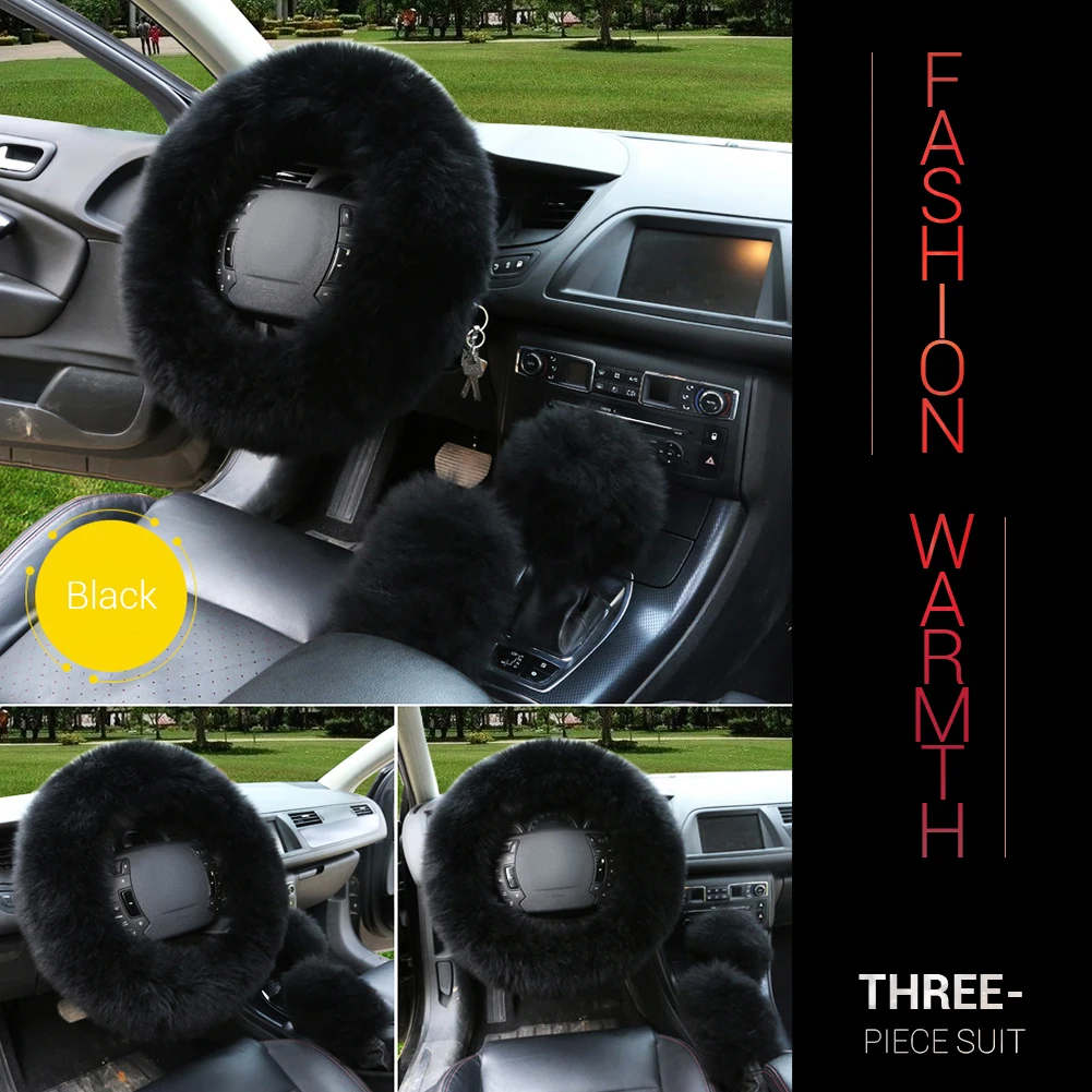 Long-haired pure black wool car steering wheel cover hand brake set gear three-piece | Автомобили и мотоциклы