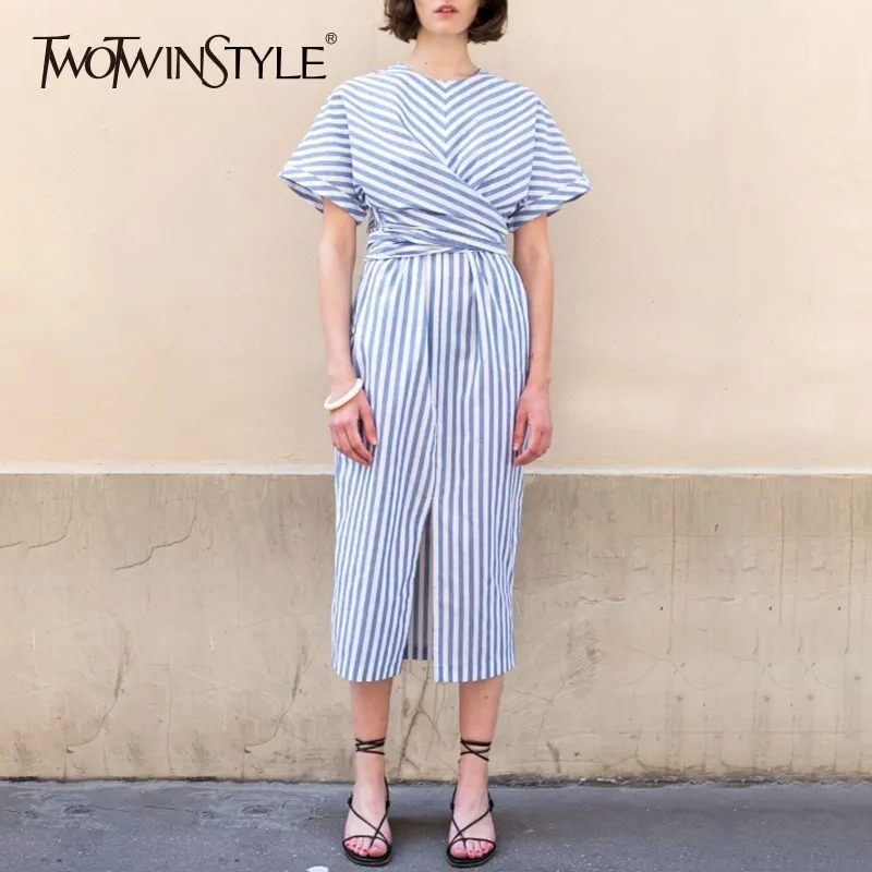 Платье миди в полоску TWOTWINSTYLE летнее Повседневное платье с коротким рукавом