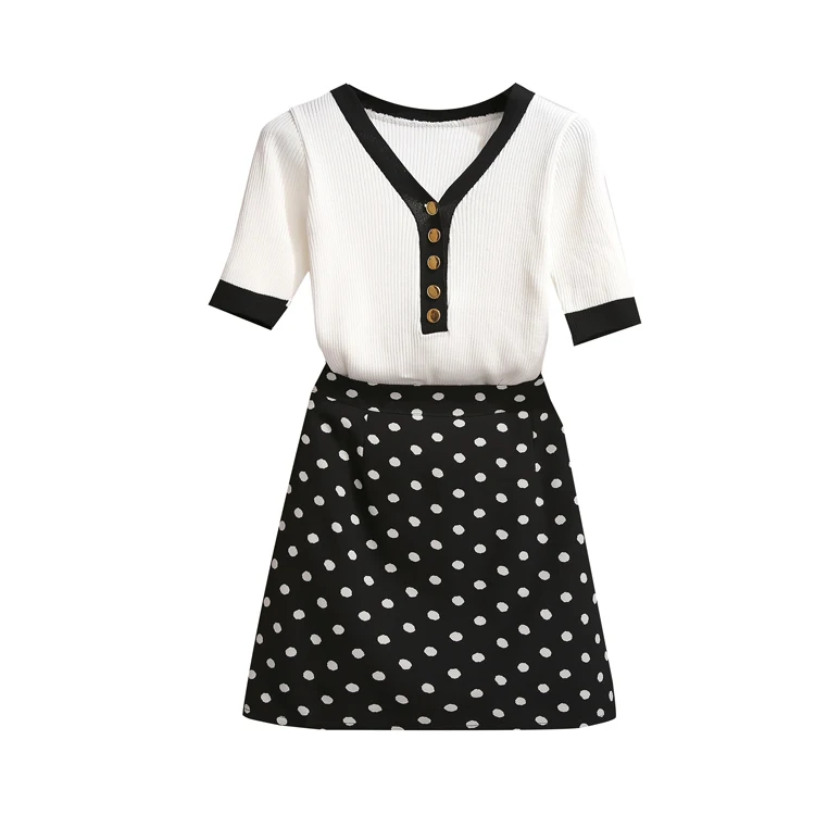 

new v-neck knitting short-sleeved blouse top sweater summer dot print skirt two-piece suit women sweet clothing set vestidos