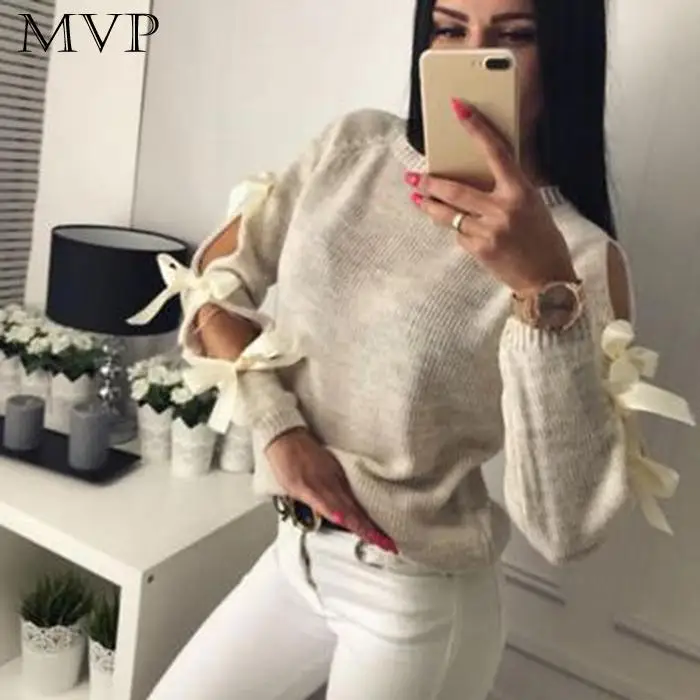 Beige Sweater Regular Long Sleeve Bow Casual Black Knitted Pink Autumn Hollow Tops Gray O-Neck Loose Women Solid | Женская одежда