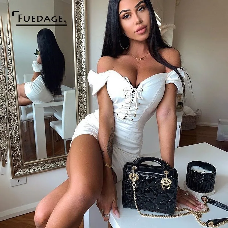 Fuedage сексуальное летнее облегающее платье с открытыми плечами и бантом женское