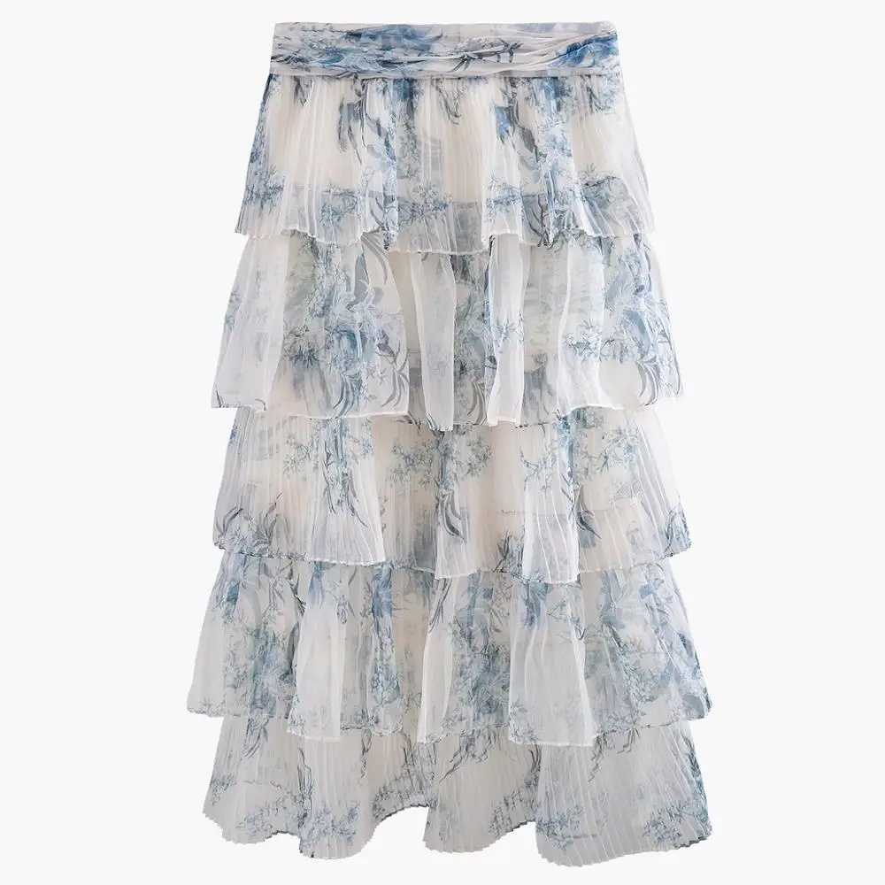 Cake Pleated Skirt Female Ink Blue Halo Printed Multilayer with Eugene Yarn Half-length P9111 | Женская одежда