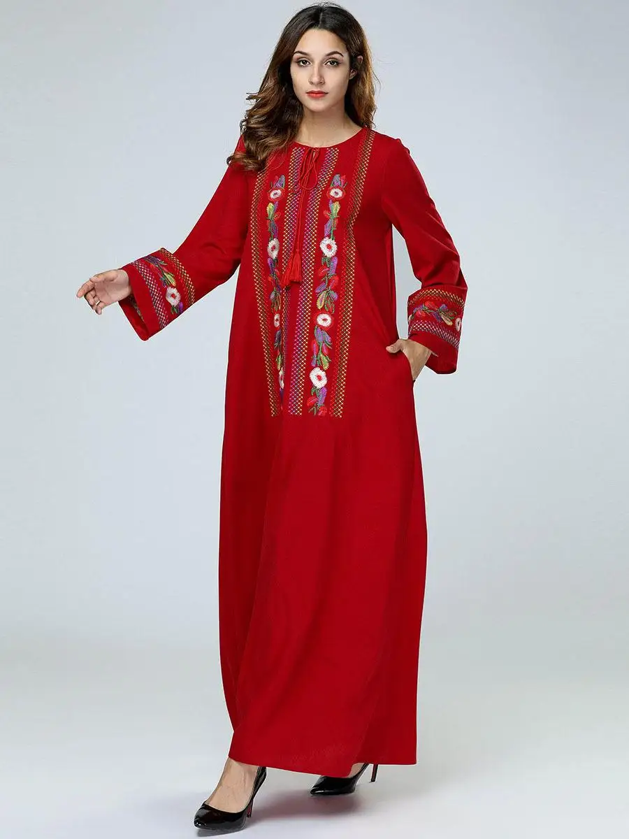 Женское длинное платье макси Abaya этническое кафтан мусульманское с вышивкой