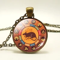 chinese 12 zodiac animals photo glass cabochon round pendant necklace with bronze sliver black metal chain birthday gifts