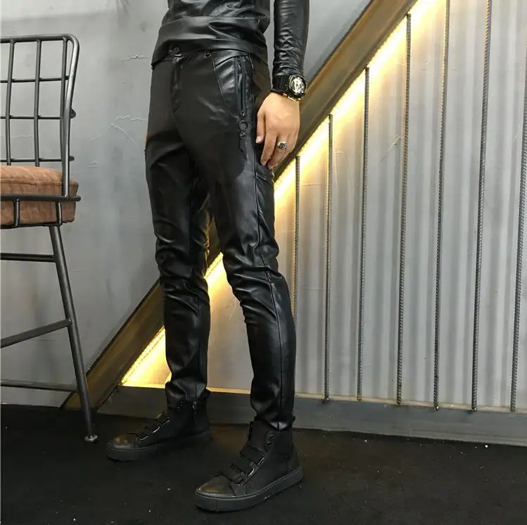 2021 Male Tides Leather pants Korean version Skinny Spring New style PU Slim Elastic pencil pants Leather locomotive Trousers