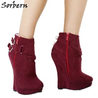 sorbern wine red ankle boots wedge high heels platform shoes women plus size comfortable heels punk boots black platform boots