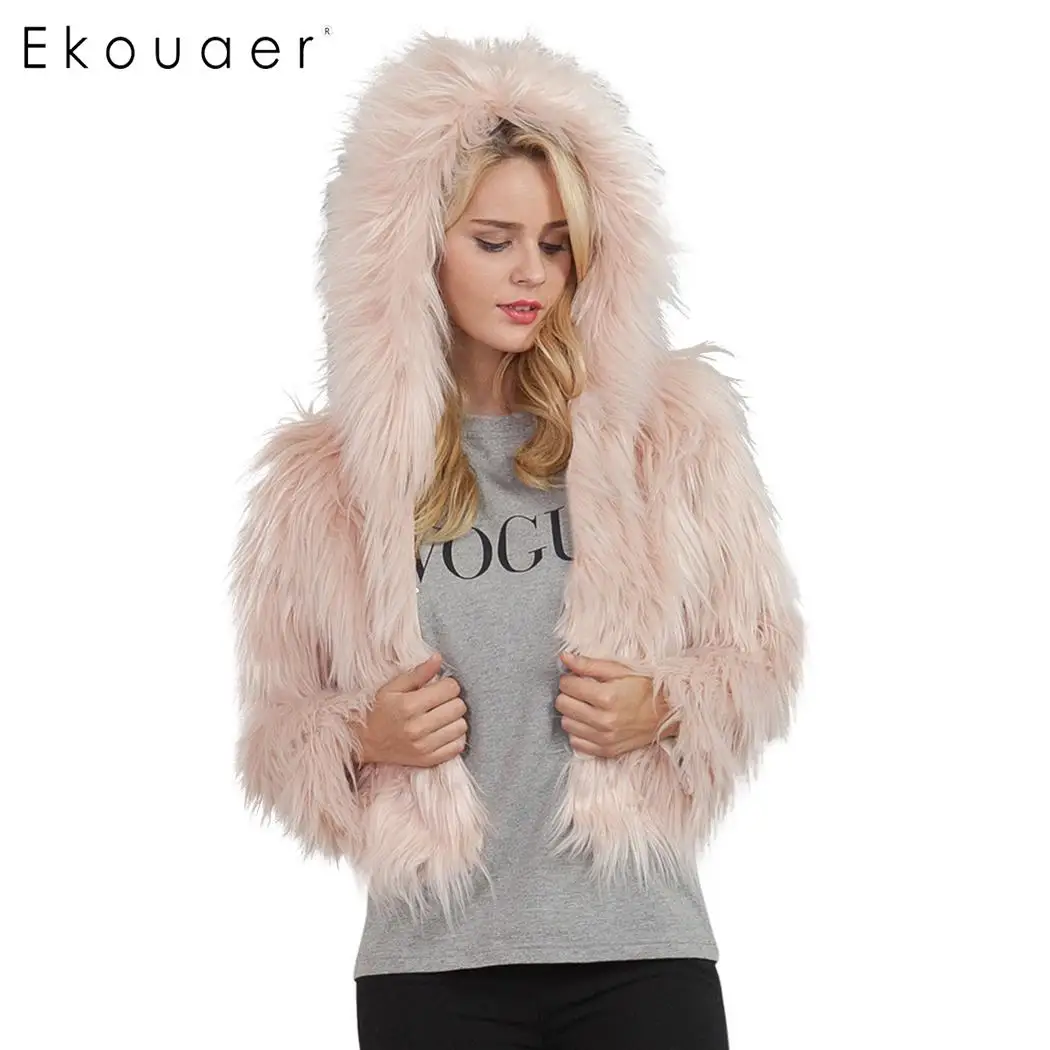 Ekouaer искусственного меха пальто Для женщин зимние с капюшоном Мода искусственный