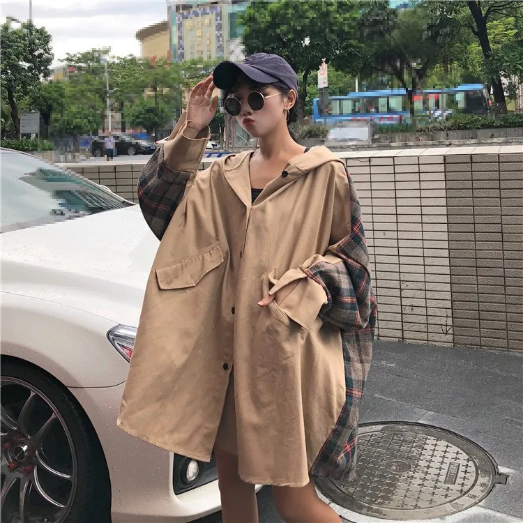 Женский клетчатый Тренч с капюшоном повседневное длинное пальто в Корейском