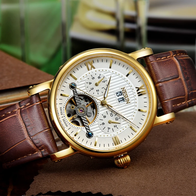 Мужские часы Switzerland Nesun Skeleton Tourbillon роскошные брендовые автоматические