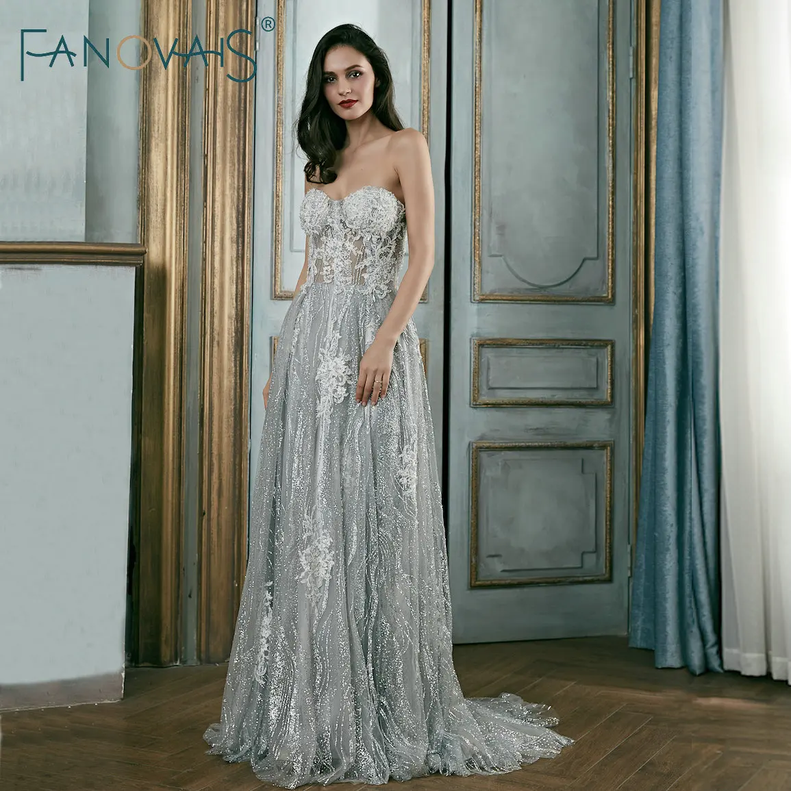 Серебристо Серый Вечерние Платья Блеск Ткани Особый Случай Платье Vestido De Festa Robe