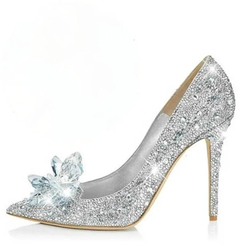 

2019 New Rhinestone High Heels Cinderella Shoes Women Pumps Pointed toe Woman Crystal Wedding Shoes 5cm 7cm 9cm heel big size