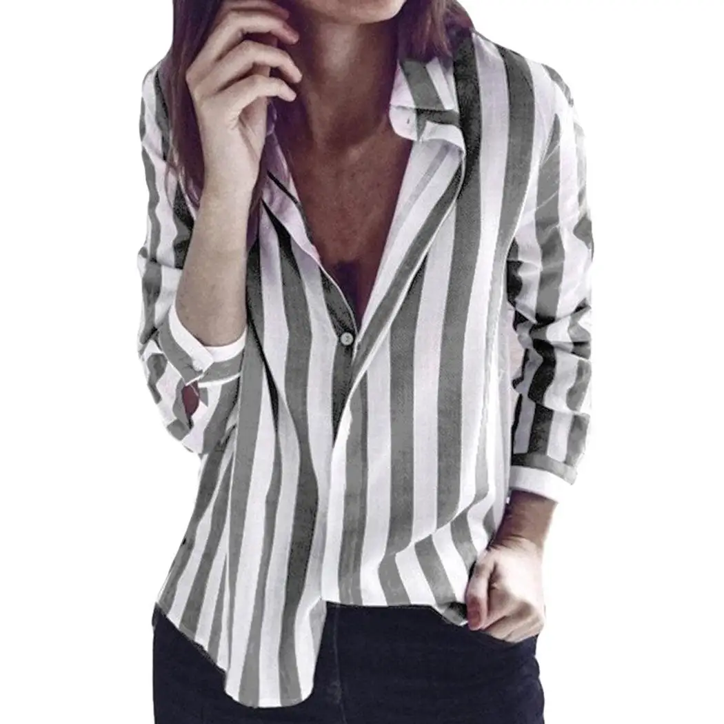 Women Casual Turn-down Collar Long Sleeve Loose Summer Striped Regular Single Breasted Shirt |