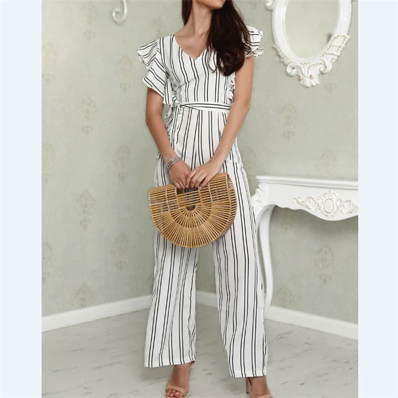 Women Lady V Neck Loose Playsuit Party Ladies Romper Sleeveless Long Jumpsuit High Waisted Vertical Stripe | Женская одежда