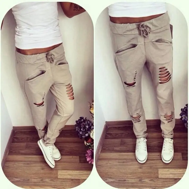 High Waist Skinny Fashion Jeans for Women Hole Ripped Slit Punk Vintage Girls Slim Lace Up Denim Pencil Pants | Женская одежда