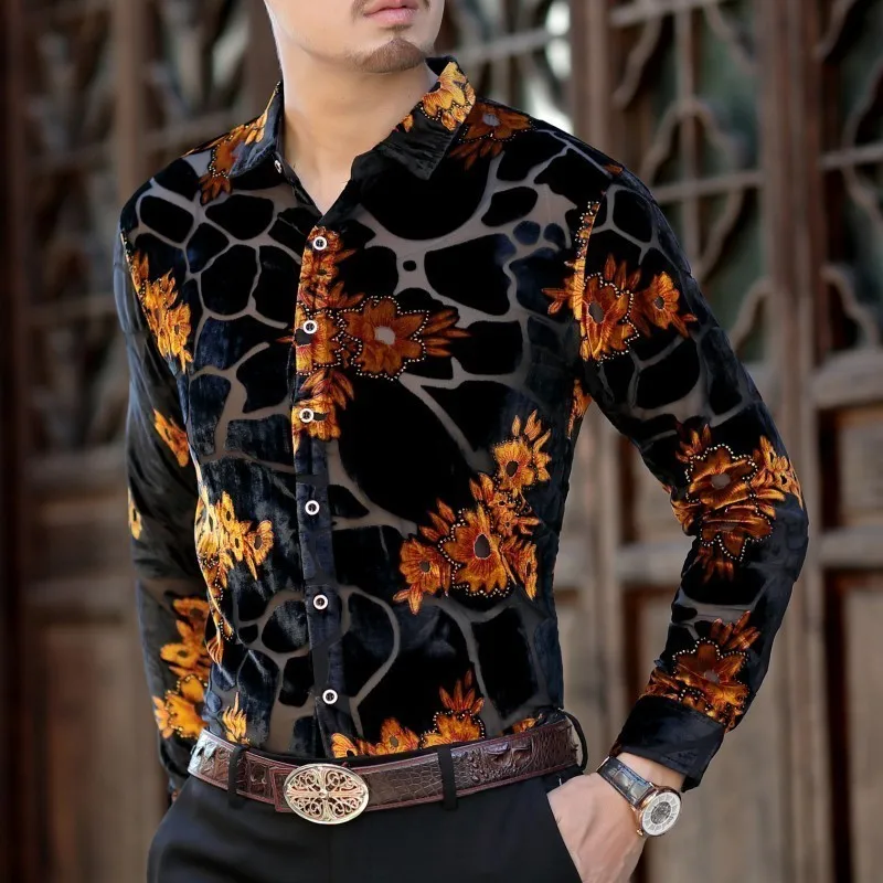Фирменная Новинка пикантные Прозрачные рубашки для мужчин Slim Fit цветочный принт