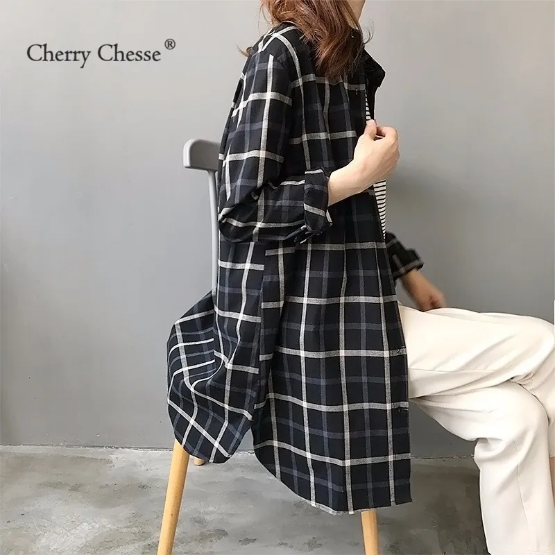 Cherry Chesse Vintage Plaid Women Blouse Button Turn Down Collar Pocket Shirt Female Autumn Spring Tops |
