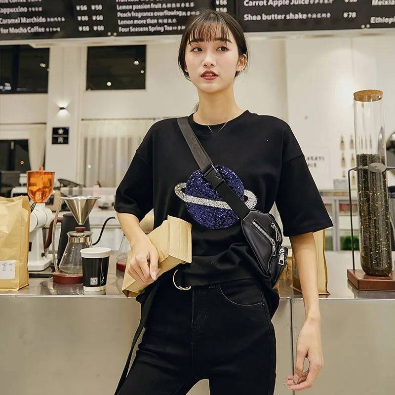 Женская футболка с блестками TWOTWINSTYLE Весенняя свободная коротким рукавом и