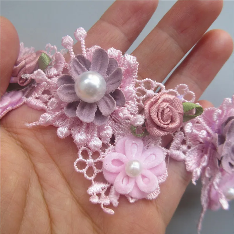 1yard Pink Pearl Rose Flower Embroidered Lace Trim Ribbon Fabric Sewing Supplies Craft DIY For Costume Dress Hat Decoration | Дом и сад