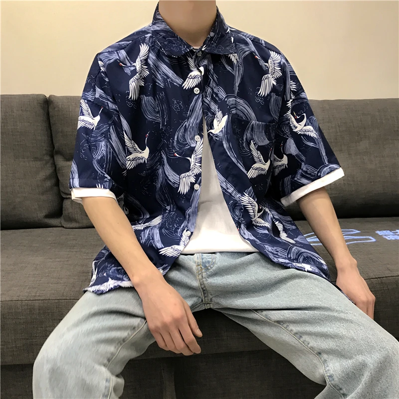 2019 новый ветер короткий рукав Tide красно коронованный Кран мужские Гавайские летние классические стильные