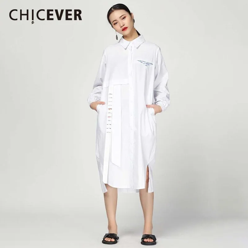 CHICEVER весеннее женское платье с отложным воротником длинным рукавом карманами на