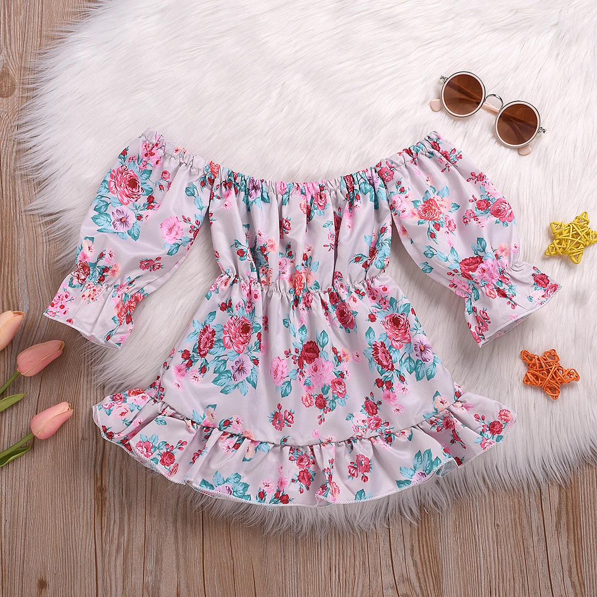 Cute Toddler Baby kids Girl Clothing Dress Floral Off Shoulder Long Sleeve Swing Sunsuit Summer Clothes Girls 3M-4T | Детская одежда и