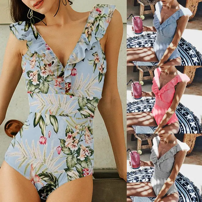 Aartiee бикини с гофрированным верхом 2019 mujer Купальники цветочный принт цельный