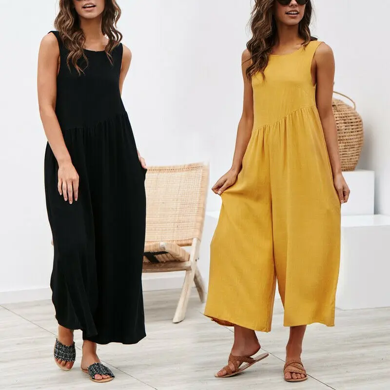 Повседневный свободный женский комбинезон с открытой спиной Желтый винтажный