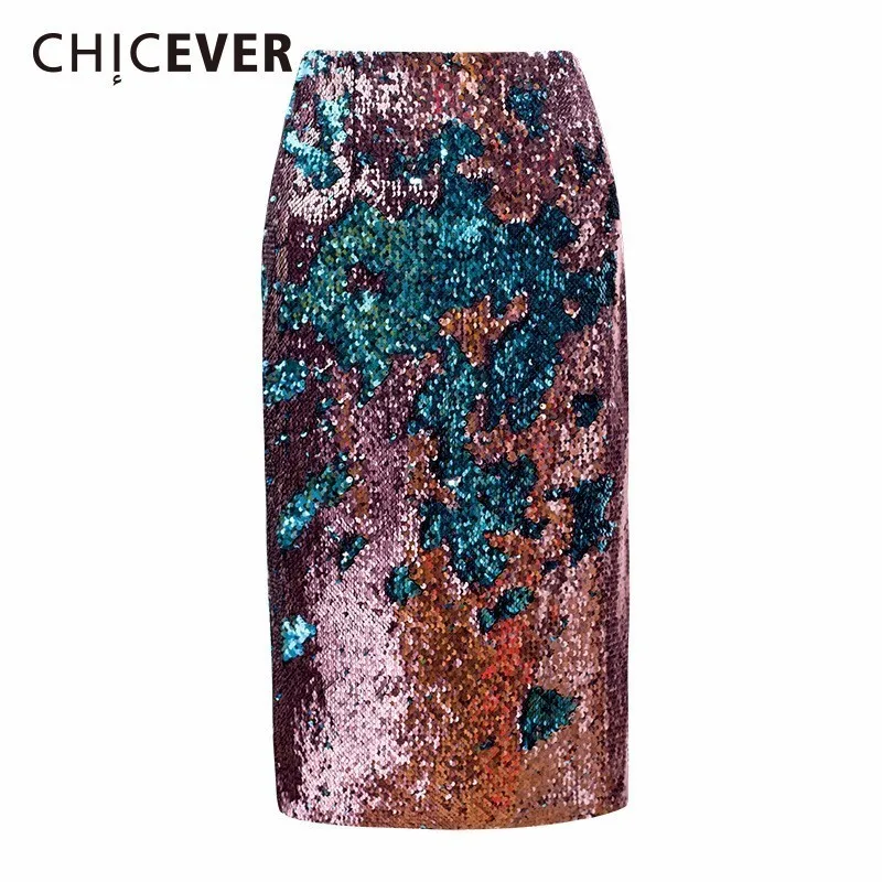 Женская юбка с блестками CHICEVER летняя приталенная большого размера разрезом
