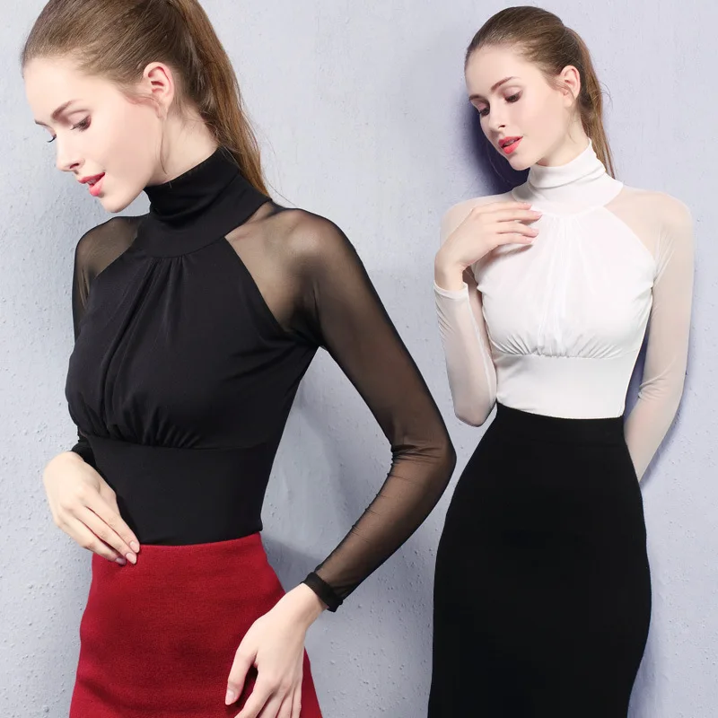 Latin Dance Summer Chiffon Blouse Women Lace Shirt Sexy Slim Transparent Long Sleeves Tops Casual Elegant Female Blouses PJ360