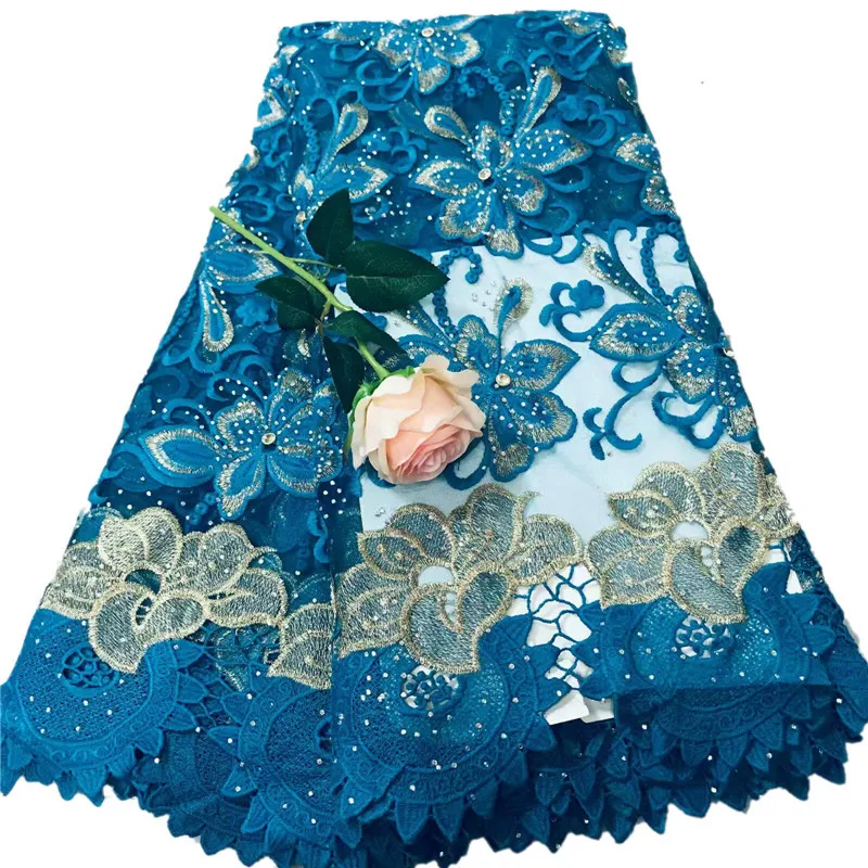

New arrival lake blue and golden color flowers design with big stones Net Lace 2W86 good quality French Tulle Lace Fabric