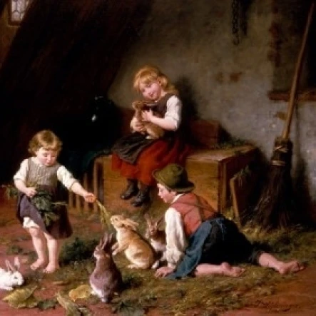 Дети с кроликами Феликс шлесингер (1833-1910/немецкий) постер печать (24x36) | Дом и сад