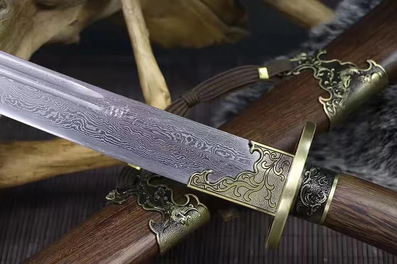Китайский меч прямой клинок династии Цин дамасский сложенная сталь и глина