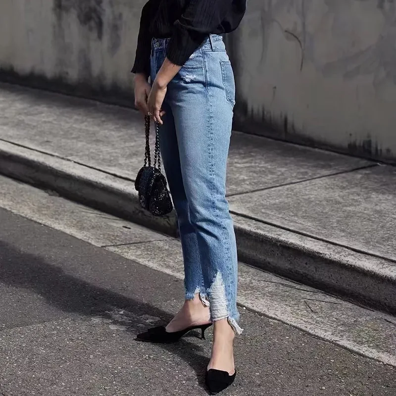 

New Ripped Tassel Jeans For Women Ankle-Length High Waisted Jeansy Blue Casual Pencil Jeans Korean Streetwear Denim Pants Femme