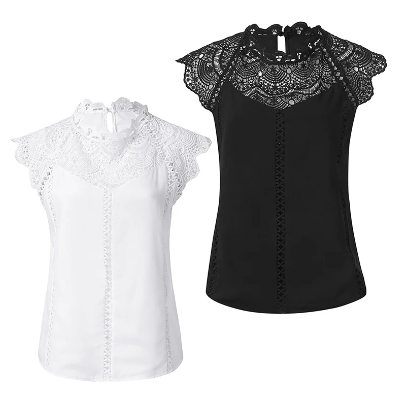 Ladies Tops Work Casual Office Shirt Round Neck Blouse Party Summer Vintage Hollowed |