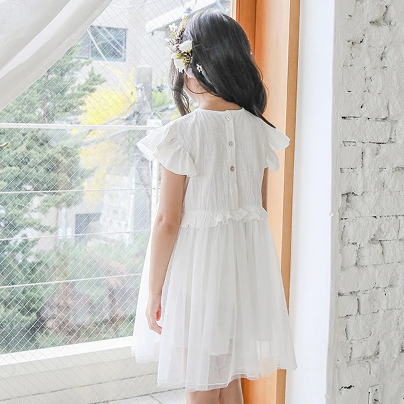 2020 белое кружевное платье для девочек детская одежда летнее шифоновое с коротким