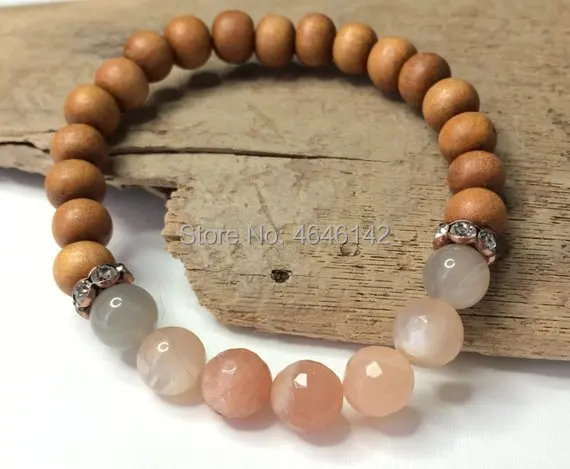 Boho Chic Sunstone Beads Stone Pave Crystal wooden Bead bracelet Mala yoga bracelet