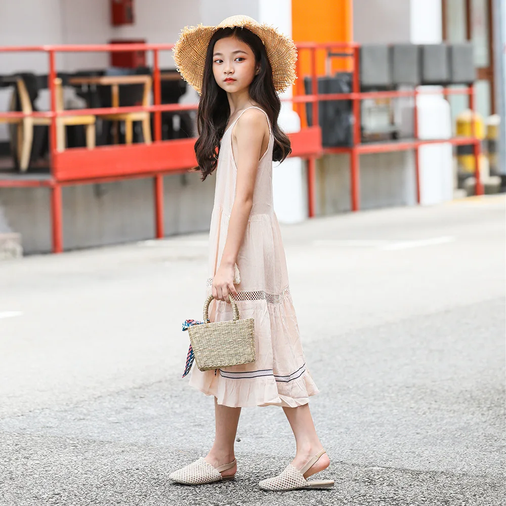 2019 Summer Sleeveless Chiffon Maxi Dresses Children Sling Sundress kids Princess Party Frocks Big Girls Boho Beach Vestidos | Детская