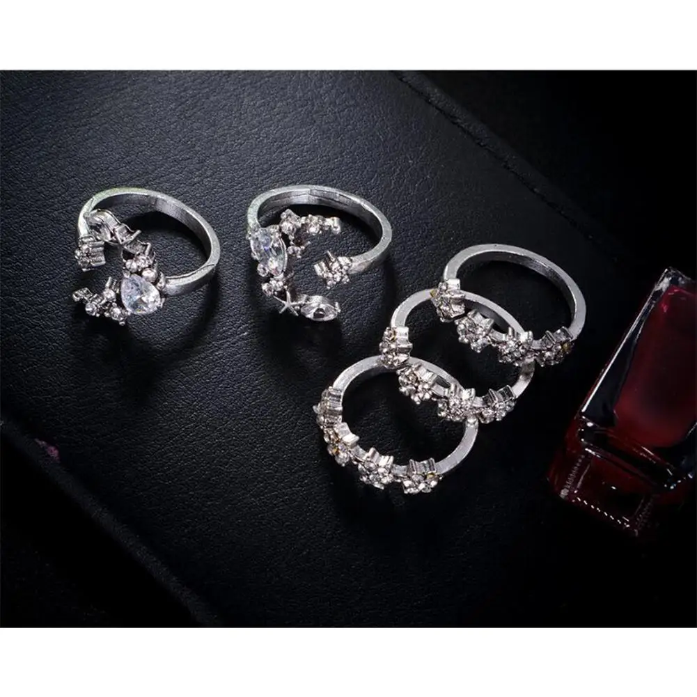 DreamBell 5pcs/Set Women Rings Silver Color Rhinestone Delicate Star Moon Crystal Ring Set Female Jewelry | Украшения и