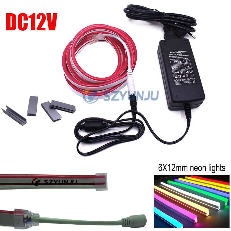 

6 X 12mm DC12V SMD 2835 Flexible led strip neon ribbon lights silicone tube IP68 Red Green Blue white and led 12V power adapter