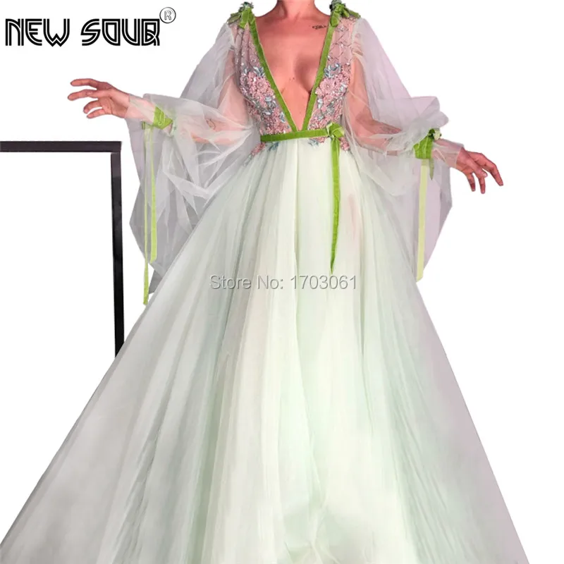 Зеленое мятно-зеленое вечернее платье с глубоким V-образным вырезом новинка 2019