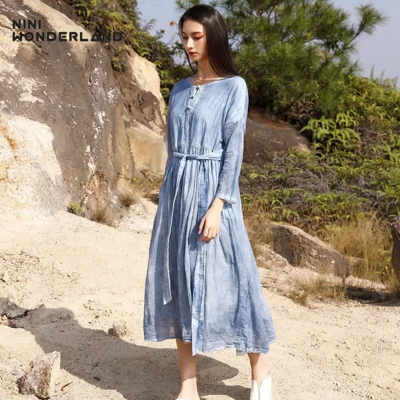 Женское винтажное платье NINI WONDERLAND повседневное свободное из хлопка с длинным