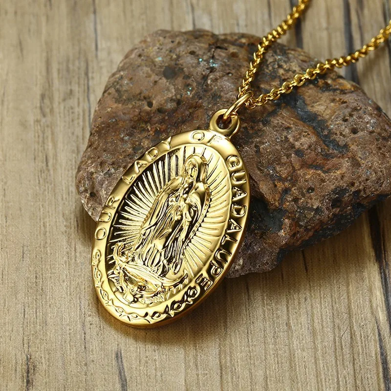

Men's Medals Necklace Our Lady of Guadalupe Medal Pendant Stainless Steel Virgin Mary Patron Saint Male Jewelry