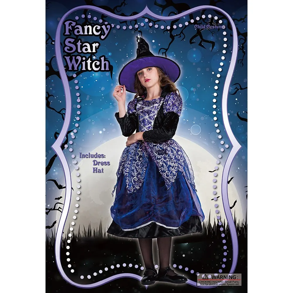 Костюм ведьмы для хеллоуина девочек комплект с платьем и шапкой маскарадный