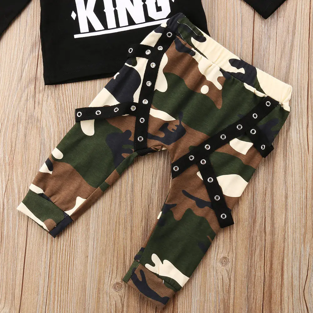 2PCS Toddler Baby Kids Boys Long Sleeve Crown Pattern T-shirt Camo Pants Outfits Set Infant Boy 0-5T |