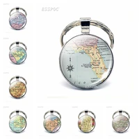 vintage american map glass dome keychain united states florida pensacola tennessee ohio pendant key rings fashion gift for lover