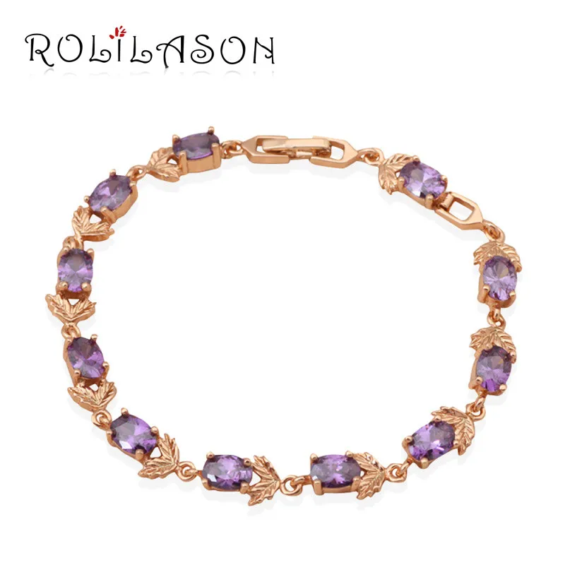 ROLILASON romantic rose pattern design violet purple crystal Zircon golden chain Bracelet wedding item Fashion jewelry TB666 | Украшения и
