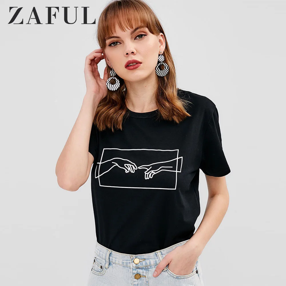 ZAFUL Ручной принт Графический Тройник Хлопок С Круглым Вырезом Девушки Футболки