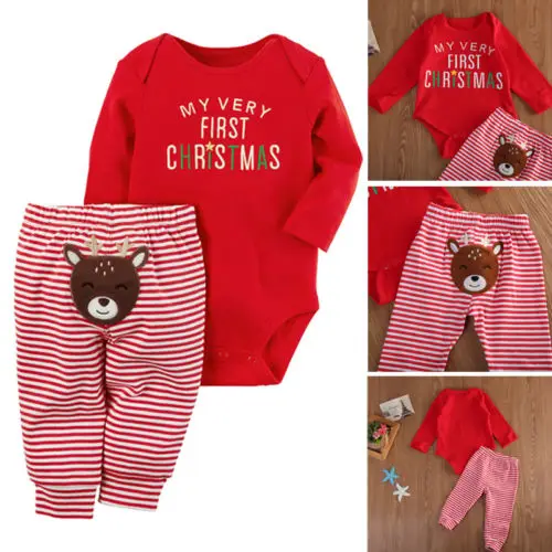 Hot Sale Christmas Clothes Baby Boy Girl Unisex Letter Long Sleeve Bodysuit Jumpsuit Tops Stripe Pants Casual Outfits Set 0-18M | Детская